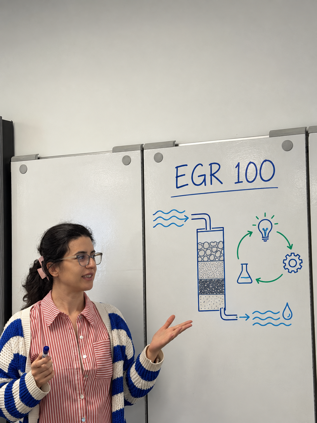 Zohre speaking in a classroom beside an illustrative EGR 100 water-filtration design sketch